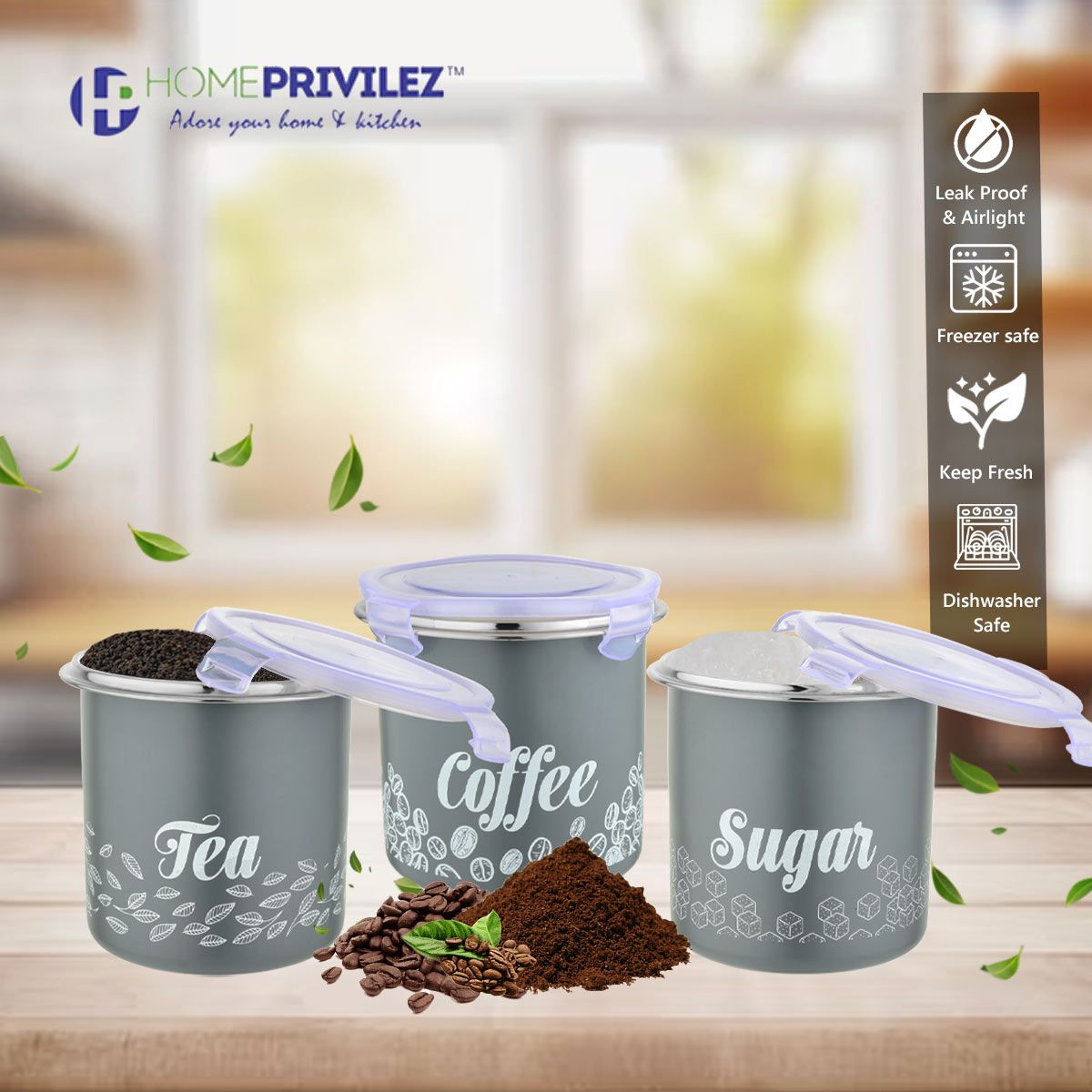 “Flip & Seal “Stainless Steel Air Tight Storage Container- Tea, Coffee & Sugar Set of 3 in Grey colour(1000mLx3)
